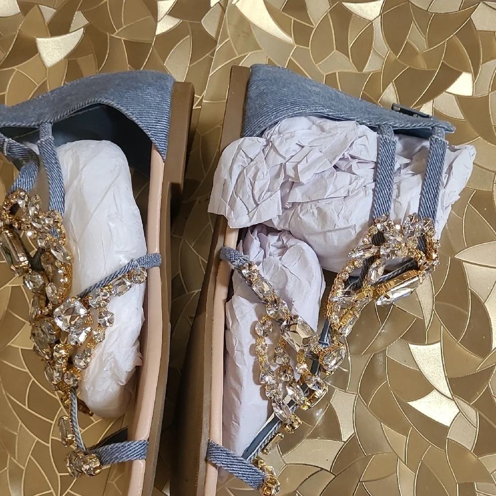 Shoe Dazzle Gold Crystal & Denim Gladiator Sandals - Picture 2 of 12